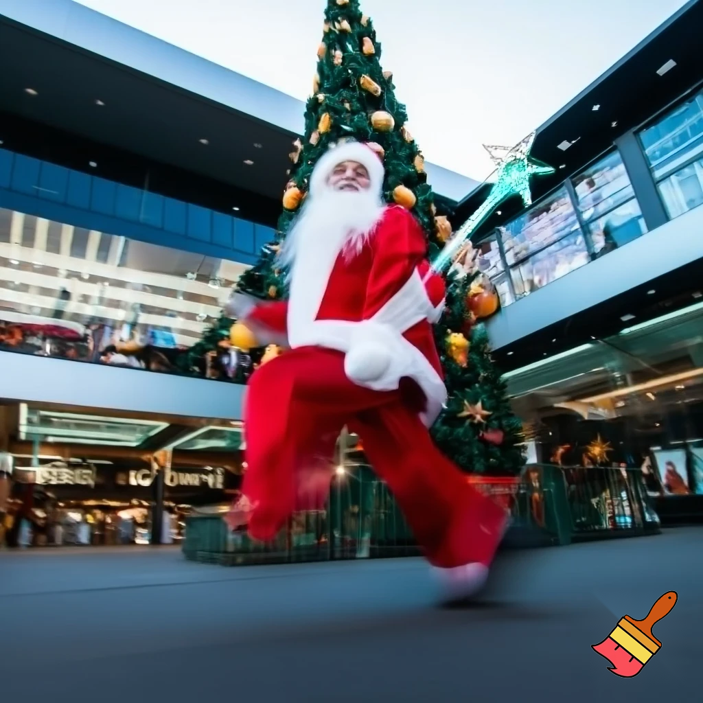 Santa Claus dancing shopping Centre walking Australian magic walking stick walking stick star running outside of the shopping centre on the Christmas tree