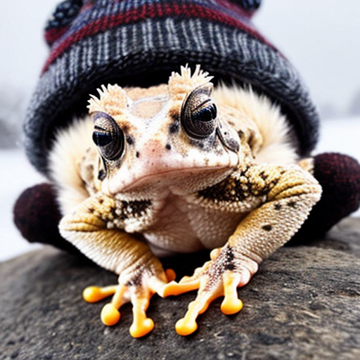 A laughable, puzzled animal toad in woolen, multicoloured winter clothings with woolen winter cap. Hyperrealistic art style.