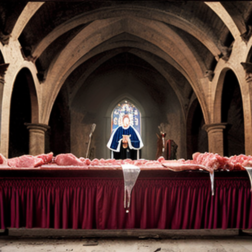 a vast, cathedral-like Vatican slaughterhouse where the sacred and the profane collide under vaulted ceilings adorned with frescoes of angels holding cleavers. Dozens of naked, headless corpses hang from meathooks in neat rows like perverse rosary beads, their skin marked with ritualistic carvings and wax-drip sealant from extinguished candles. Robed priests with blood-smeared faces oversee the operation, chanting Latin blessings while workers in biohazard suits methodically dismember carcasses on stainless steel altars, their visors fogged with condensation. The floor glistens with a slick of crimson and holy water, drains clogged with chunks of fat and discarded sacramental wafers. Along the far wall, conveyor belts transport shrink-wrapped cuts of human meat stamped with papal seals toward an industrial freezer humming beside a reliquary filled with finger bones and teeth. A single stained-glass window casts prismatic light across the scene, depicting St. Peter handing Christ a butcher’s apron