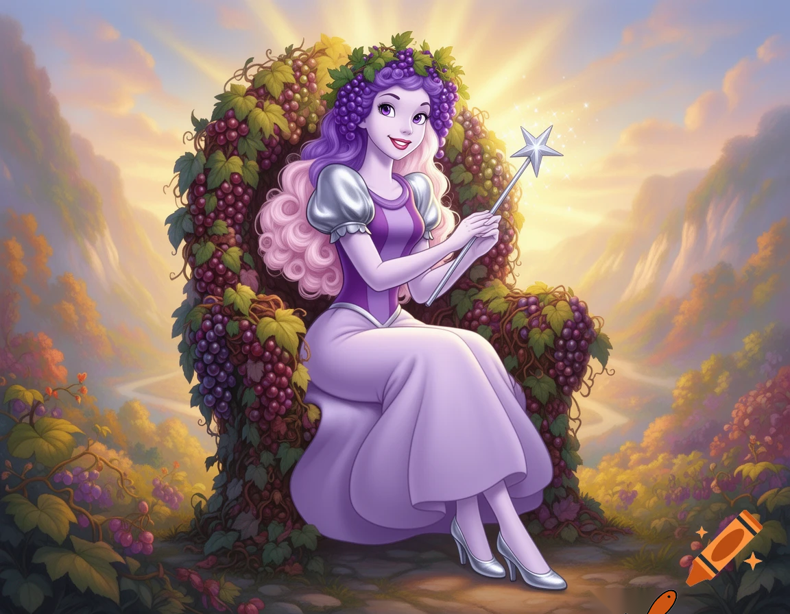 A scene from a 1980's animated Don Bluth movie of a tall beautiful slender-built young woman with pale lavender skin, purple eyes, pink lips, long curly hair in an Ombre coloring of purple & pale fuchsia, wearing a purple grapevine wreath crown, silver heeled shoes, and a long lilac dress with a purple bodice, silver sleeves, and a poofy light purple skirt, holding a long silver star wand in her hands, and smiling as she's sitting on a throne made of berries and plants in a valley with the sun illuminating behind the throne.
