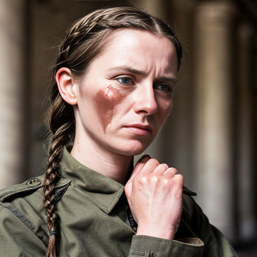 sharp grey eyes hinting at hidden depths, dark loosely braided hair framing face, subtle exhaustion etched features, calloused hands revealing frontline grit, human female, mid-twenties, Survey Corps uniform unassuming but worn, aristocratic bone structure beneath soldierly bearing, guarded posture masking intellect, traces of aristocratic lineage in posture, weary determination in expression, practical dirt-smudged boots, utilitarian gear showing wear, coiled tension in shoulders, observant gaze scanning surroundings, protective stance when near comrades, prematurely weathered skin from exposure, faded scars on knuckles, messy escapee braid