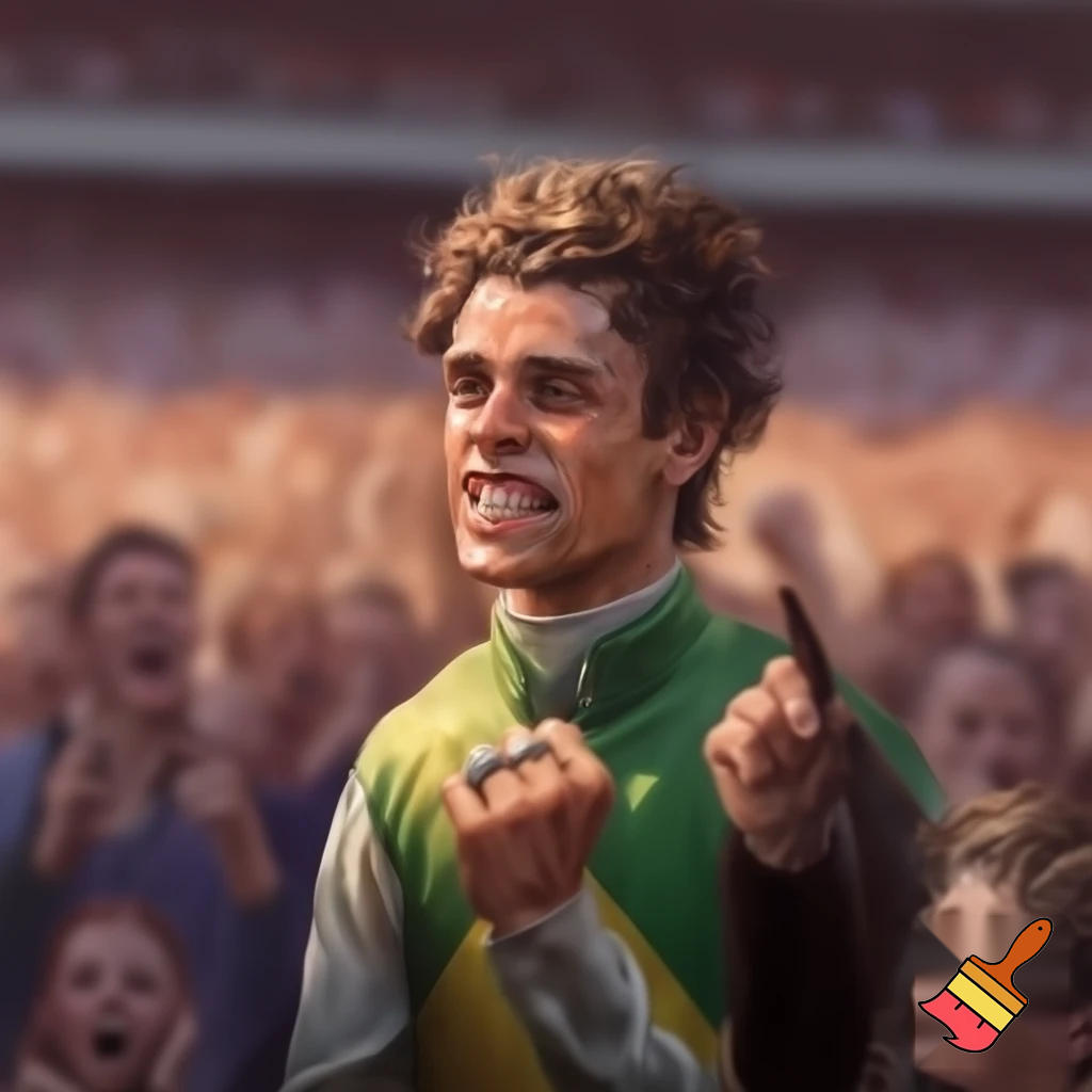 crer un image :Fillino et un frele jeune homme cheveux friser. Il est adult est petit. Sur ses doigt brillent trois chevaliere de c'est victoire passer. Il est favoris pour gagner la course du lendemain. Celebre jockey du phoenix. très acclamer. Il se gonfle de fierter devant la reaction des fan. Il a jamasi quitter la ligne de depart. fillino pleure. il fais des course d'escargot. style realiste
