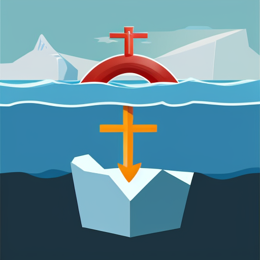 Generate an illustration of iceberg style illustration showing a borrower holding an asset above water while below the surface a large anchor labeled security interest from a bank is attached, symbolic business illustration,