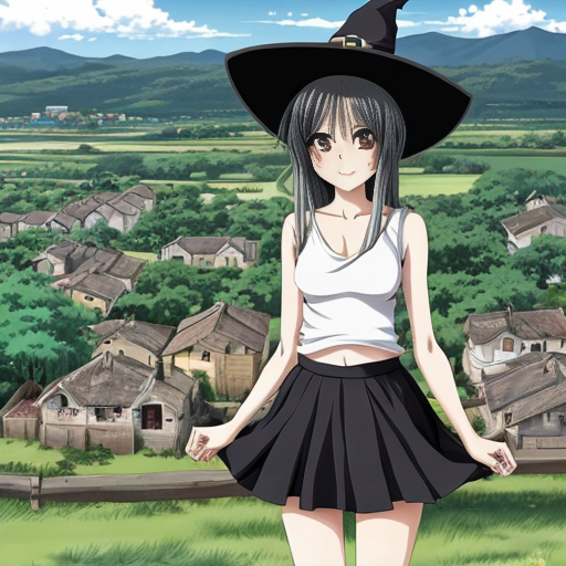 An anime witch girl with black hair, cute face, black eye. She have been abused until she only were a broken skirt left. She is naked with a lot of dâmge. She is 16 year old and height is 1,5m. She is tried to cover her skirt. The background is village with a lot of peopla