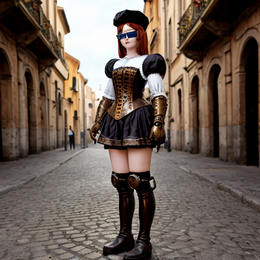 An anime woman wearing puffy Renaissance medieval clothing, a Renaissance beret, steampunk goggles, steampunk bronze gloves, and steampunk bronze boots. Empty Roman steampunk city streets background.