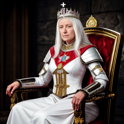 Tall, white-haired Queen of Poland in armor sitting on a throne