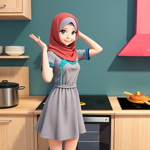 Pixar-style 3D cartoon character, standing at the stove, cooking gesture, exaggerated cartoon features, big expressive eyes, Muslim woman 35-40 years old, fully covered in wide light blue dress, loose modest clothing, headscarf covering all hair, no sexualized features, gray background, simple cartoon style