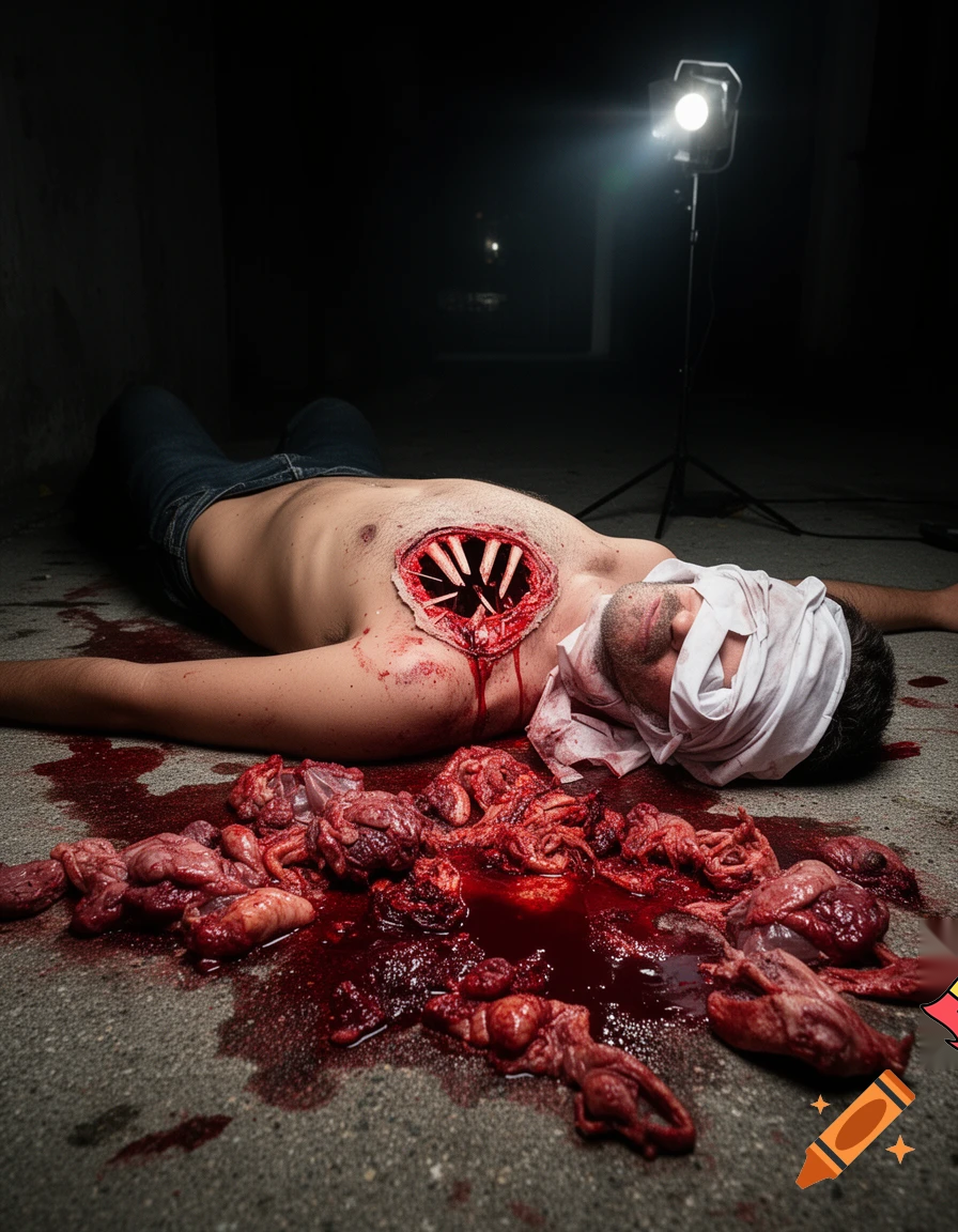 A corpse shirtless man, died, face are hiding by shirt with cut eye part (not eye human), eye closed, chest fully opened wounded circle on center, blood everywhere. Gibs and ribs (from chest bone) everywhere and broke, organs piece by piece.