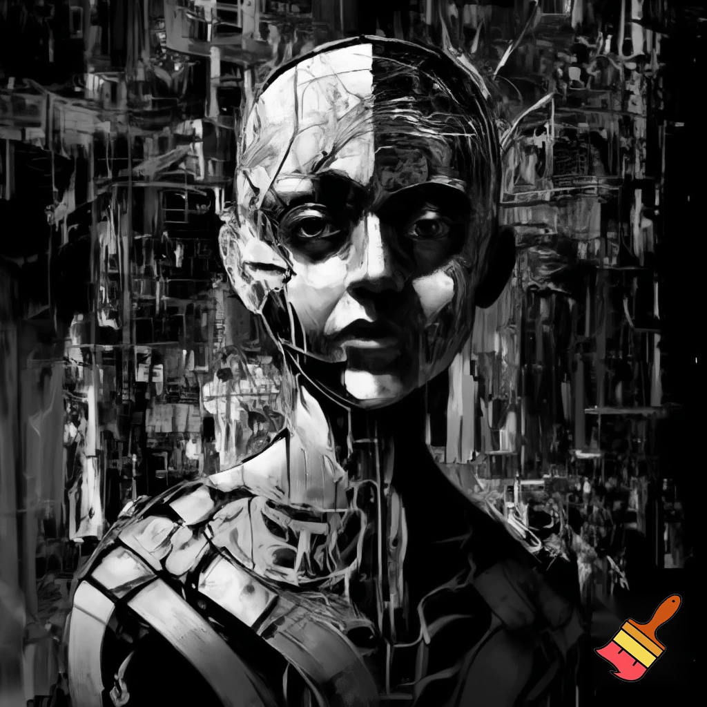 Bio-mechanical girl portrait, noise art. In the style of a 1920's German Expressionism. Black & white.