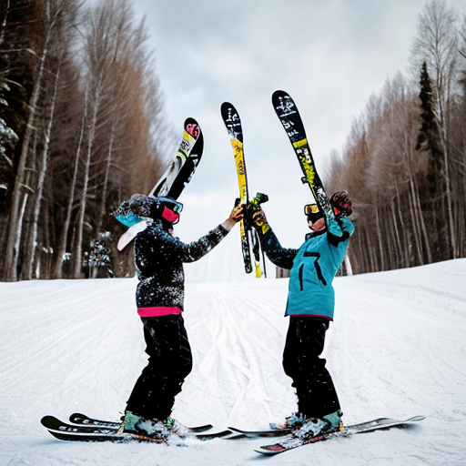 Erstelle ein Bild wo zwei Freunde mit den Ski Bei einer Schanze einen Backflip machen im Schnee