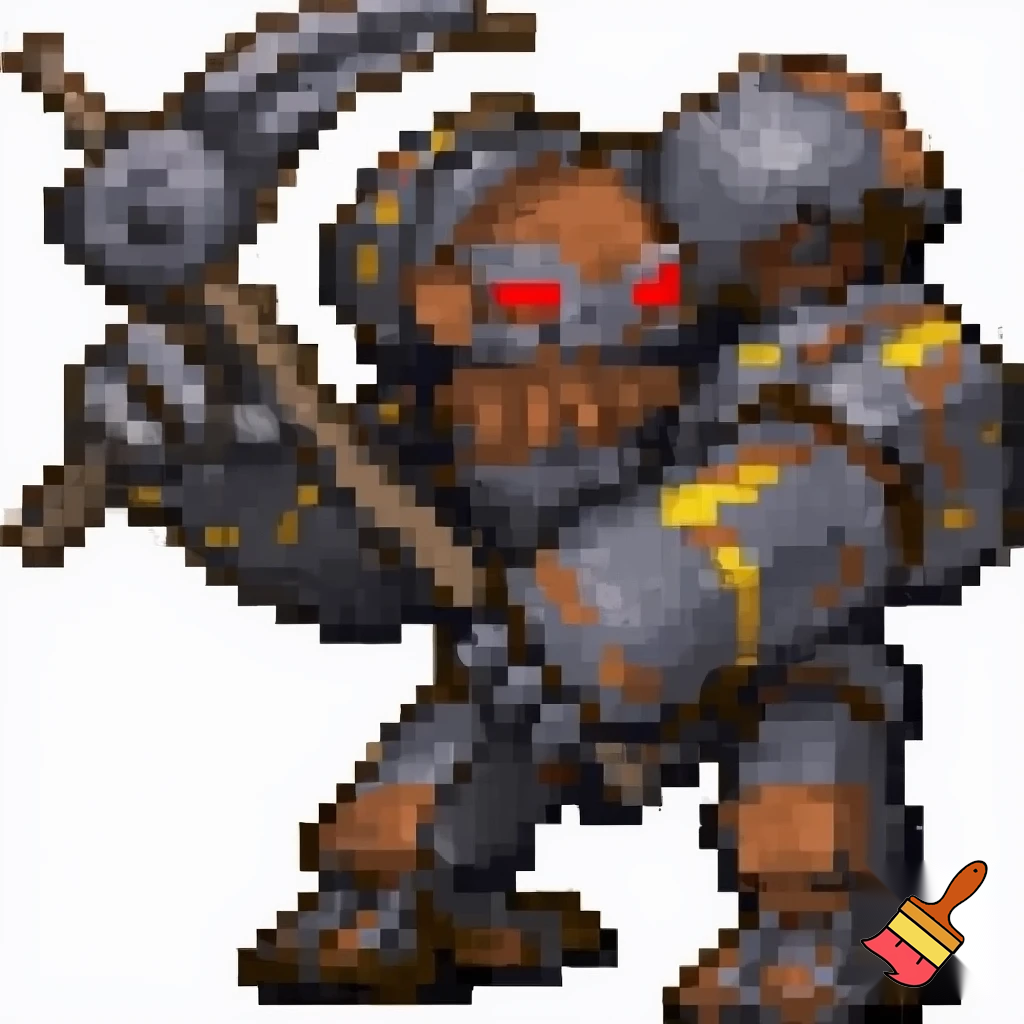 Make a robot enemy that could dig and throw there pickaxe at you huminoid robot shape. Pixel art no background