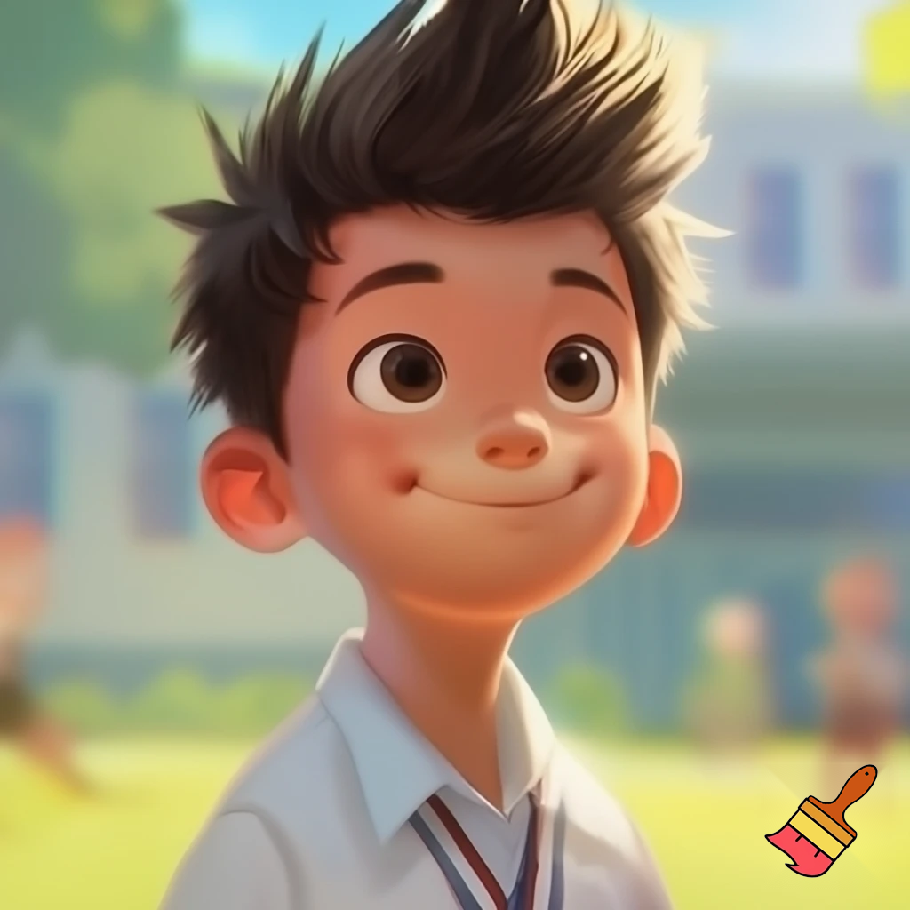 A young boy with short whipper sniper haircut spiky hair , chubby in school uniform 