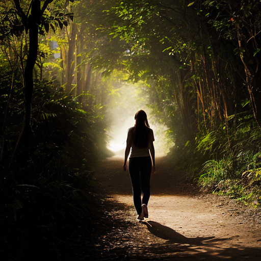 “Teen girl dressing pants 
walking home through Amazon path, soft mystical glow behind her.”