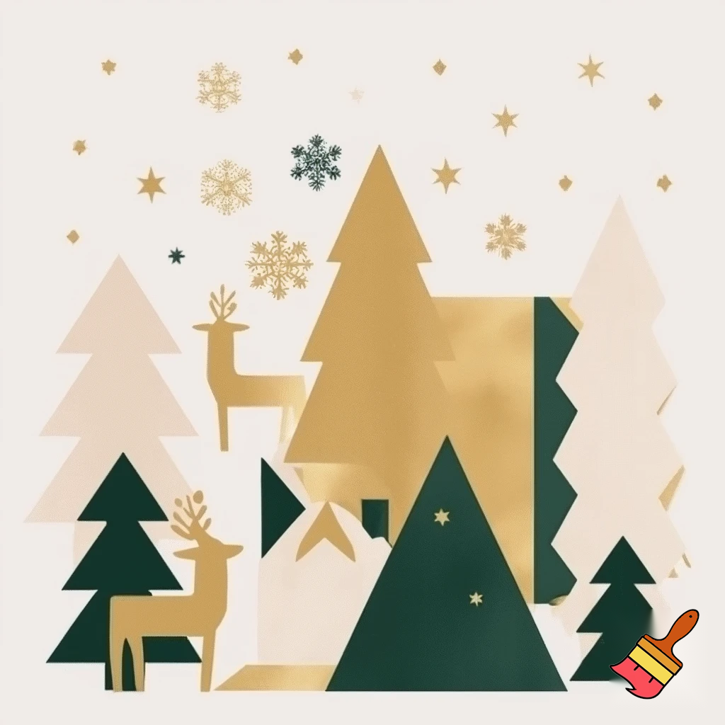 Scandinavian minimalist "this the season" Christmas graphic, featuring clean geometric trees, stylized snowflakes, stars, and abstract deer figures. Use a restricted color palette of gold, cream, and forest green. The design should be in a flat style with a subtle, elegant texture grain. The composition must be soft, cozy, and well-balanced, suitable for a printable PNG with a transparent background, perfect for a modern holiday design for cookie baking, tree decorating, and the Santa season.