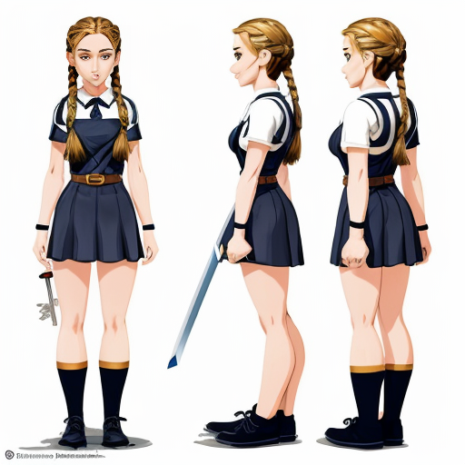 Create an original female character in a vibrant, cartoon style, designed as a professional concept art reference sheet. Include multiple angles: front, back, and 3/4 views, as well as expressive poses showing movement and emotion. Present clean, crisp linework with polished shading and vibrant colors, ensuring each part of the character’s design is clearly visible. Include close-ups of key details such as clothing patterns, accessories, and hair, while keeping proportions stylized but consistent. The composition should resemble a high-quality character reference sheet used in animation or game design, with neat annotations or visual notes showing design elements, color palette swatches, and small accessory details. Lighting should be soft and even to showcase the design clearly, and the overall layout should feel professional, organized, and visually appealing, female, blonde blue and golden translucide extremely glowing hair, wavy long hair, school uniform. Pale skin, tall and slim, elegant tied hair with Braids, sword