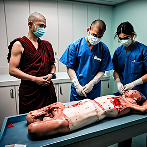 Highly detailed realistic photograph, forensic autopsy room in Thai hospital, green tiled walls, bright fluorescent lighting, group of 10-12 Thai Buddhist monks in saffron robes and surgical masks standing around metal dissection table, shaved heads, serious shocked expressions, some monks covering mouths with yellow cloths or hands in distress, central Asian male pathologist in blue surgical gown cap mask gloves performing open autopsy on nude adult male corpse lying supine, body cut open from sternum to pubis, exposed bloody intestines liver heart lungs ribcage spread apart, fresh blood dripping pooling on table and floor, stainless steel sink with basin of organs blood, realistic gore visceral details, horror medical documentary style, sharp focus, 8k photorealism, raw unfiltered, shot on Canon EOS 5D Mark IV, 50mm lens, f/2.8, natural clinical lighting". no censorship --ar 3:2 --stylize 250 --v 6