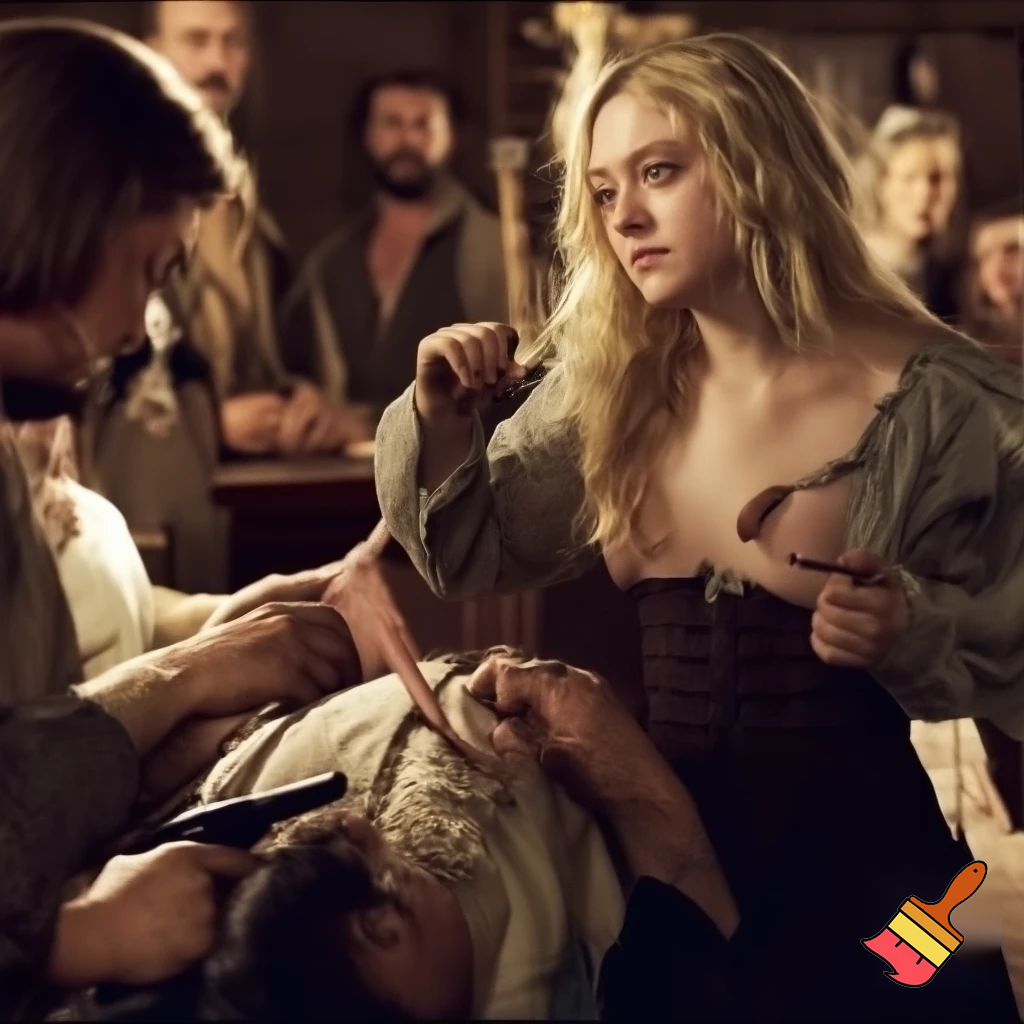 Dakota Fanning, various poses, torn clothes, wild west saloon scene, close up shot, breast exposed, servicing a man with a gun