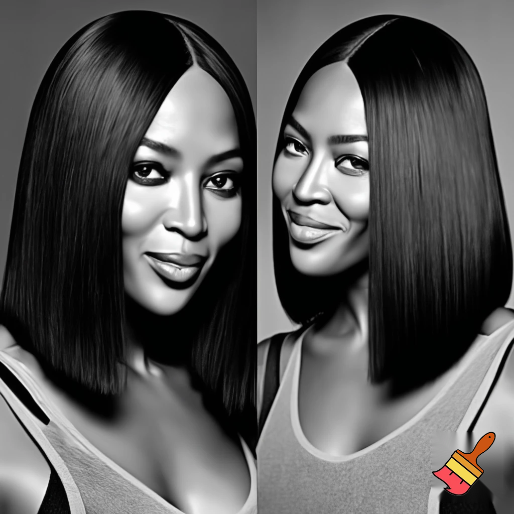 Black and white image of Naomi Campbell with a sleek black middle part bob hair wearing a grey tank top and black bra working out 