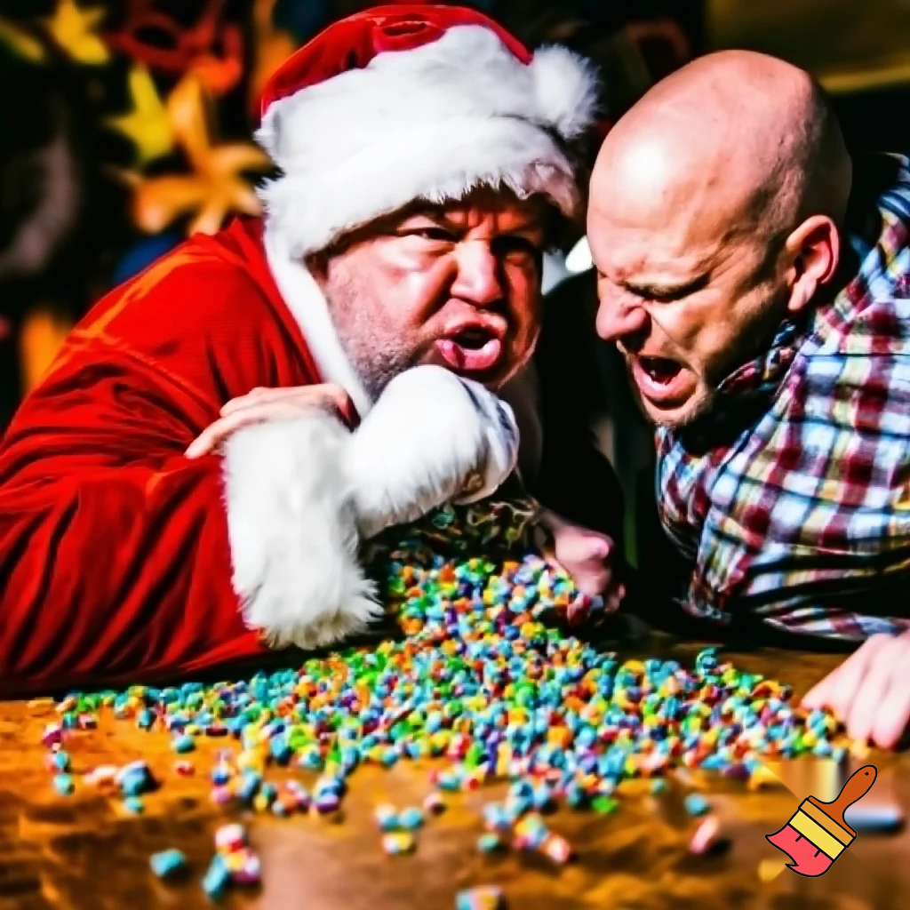 Santa and a bald man fighting over nerds the candy
