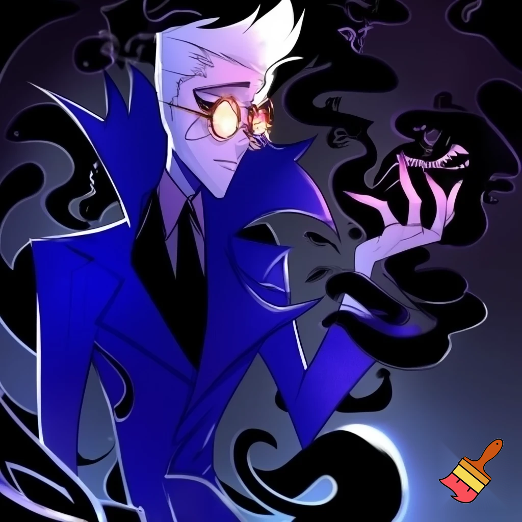 A tall, lean pale man with white hair, distinctive round brass glasses he has a stern look on his face. his face In cartoonish art style of hazbin hotel wearing his signature blue overcoat with black sinister smoke curling around him his hand reaching out, producing the black sinister smoke