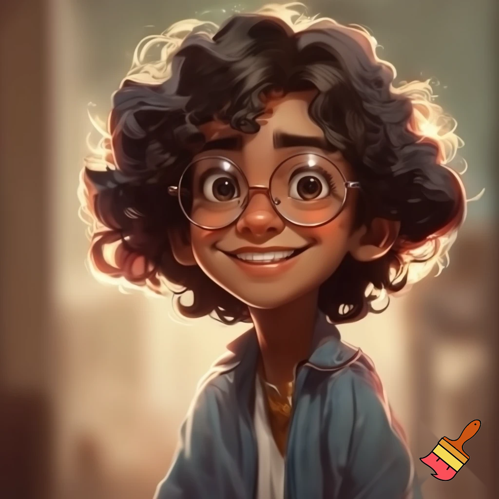 falgi named indian short like 4 foot short teenager curly hair with glasses