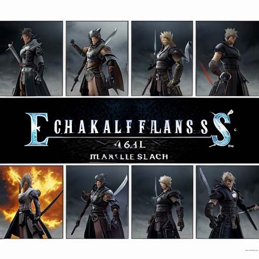 A 16:9, Landscape format, 4k resolution Final Fantasy wallpaper for a Magic playmat, featuring a collage of the Warrior of light using the final Fantasy 14 Job Change to use the Signature weapons of final Fantasy Main Charakters Like squalls gunblade, lightnings blazefire sabre, sephiroths katana and some more