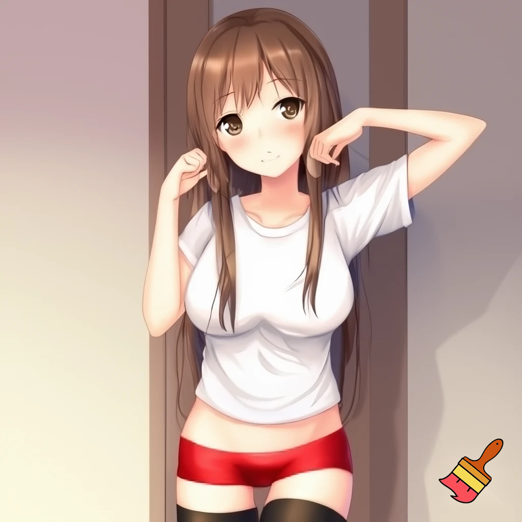 Anime girl 20 years old so cool and cute with red underwear clothes is dressing very short shirt and thigh high socks is standing in cool pose and her body and ass and wait so cool make it so anime and make