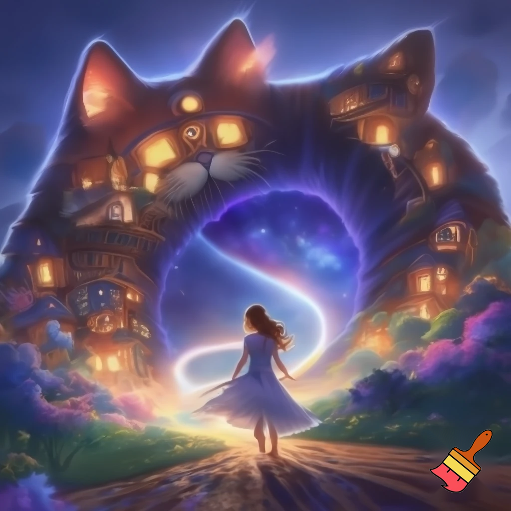 Можешь создать картинку - огромный кот на фоне сказочной природы , сквозь  его тело  проходит дорога во вселенную, его шкура состоит из домиков сказочных, хвост полосатый ввиде дороги, по этому хвосту идет юная девочка в полупрозрачном легком платьице , босиком.
