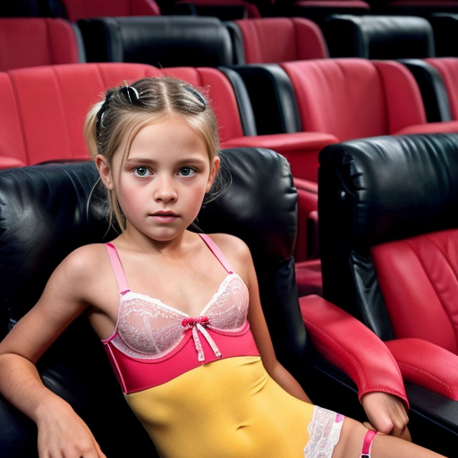 Genera la imagen de 10 niñas rubias de 10 años vestidas con lenceria roja y negra y rosa y blanca ajustada, sentadas cada una acompañada de su padre en una sala de cine