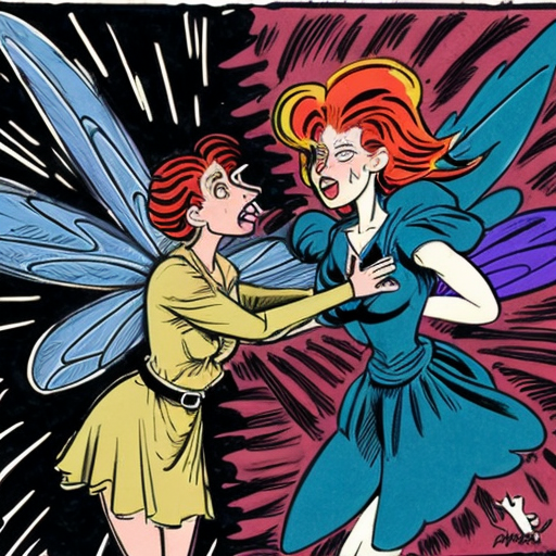 Színes, képregény-stílusú, szürreális jelenet: francia, flancos úrihölgy irigy és haragos a gyönyörű vöröshajú tündérre. Úrihölgy ellopja Hermész szárnyas saruját az Olümposzról, idő száguld a végtelenbe, hatványozottan tündöklő tündér veszélyben. Túlzó arányok, humoros, dinamikus, kaotikus, élénk színek, szürreális képregény-hatás.”