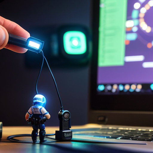 A funny 3D render of a miniature "Cyber Police" squad made of glowing blue holograms chasing a tiny hacker across a messy physical office desk. The hacker is tripping over a giant coffee mug while the tiny police officers use USB cables as lassos. Macro photography style, shallow depth of field, vibrant neon blues vs warm desk lighting, expressive "Oh no!" face on the hacker, highly detailed, whimsical.