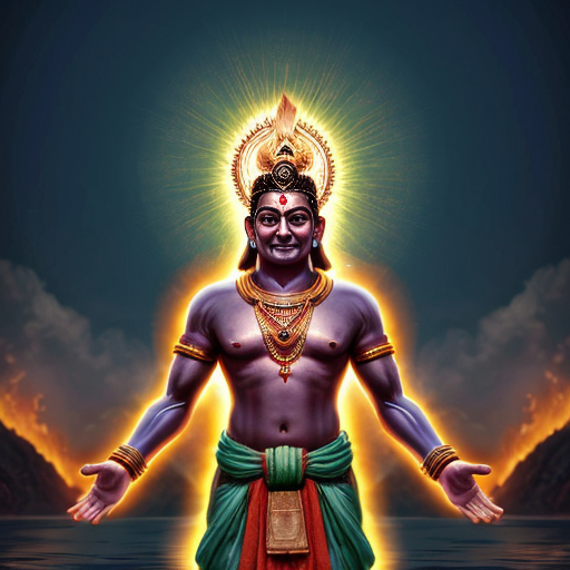 Here is 1 viral AI image prompt similar to your image:

Prompt:

Divine cinematic artwork of Lord Rama standing in a powerful pose, glowing blue skin, holding a sacred bow, wearing orange dhoti and floral garland, bright golden aura radiating behind him. A colossal spiritual form of Hanuman appears in the sky behind with folded hands in devotion, calm yet powerful expression, gada resting near his shoulder. Ancient glowing Sanskrit mandala forming a circle around Rama, floating stones, sparks and petals in the air, dramatic cloudy sky, fire light beneath his feet reflecting on water, epic mythology atmosphere, ultra detailed, god rays, volumetric lighting, hyper realistic, 8K, sharp focus, cinematic composition, trending on ArtStation, masterpiece.

Negative Prompt:
low quality, blurry, extra arms, bad anatomy, distorted face, watermark, text, cropped, oversaturated.