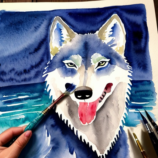 create an image of a glowing blue wolf, with glowing red eyes and a crocodile mouth. Its on a rocky cliff over seeing the sea