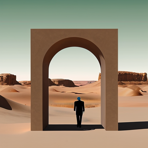 Put abstract figures in an arch in a desert landscape in Tanguy style