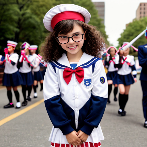 Cute adorable niña Chilindrina glasses con hair lazo curly con verano sailor uniforme escolar con zapatos negros escolar con calcetines blancos con sombrero sailor con grupal con caminar con desfile Estados Unidos América bandera con ciudad 57