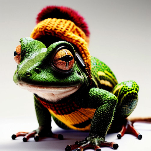 A laughable, puzzled animal toad in woolen, multicoloured winter clothings and with woolen winter cap. Hyperrealistic style.