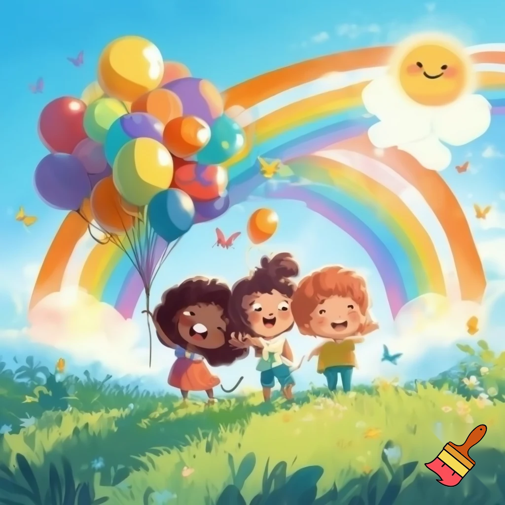 “Children Holding Balloons Under a Rainbow”

Theme: Happiness & friendship
What to draw:

Two or three smiling children standing on grass, holding colorful balloons.

A big rainbow arch in the background with a bright sun and clouds.

Add a few butterflies or flowers near their feet.
