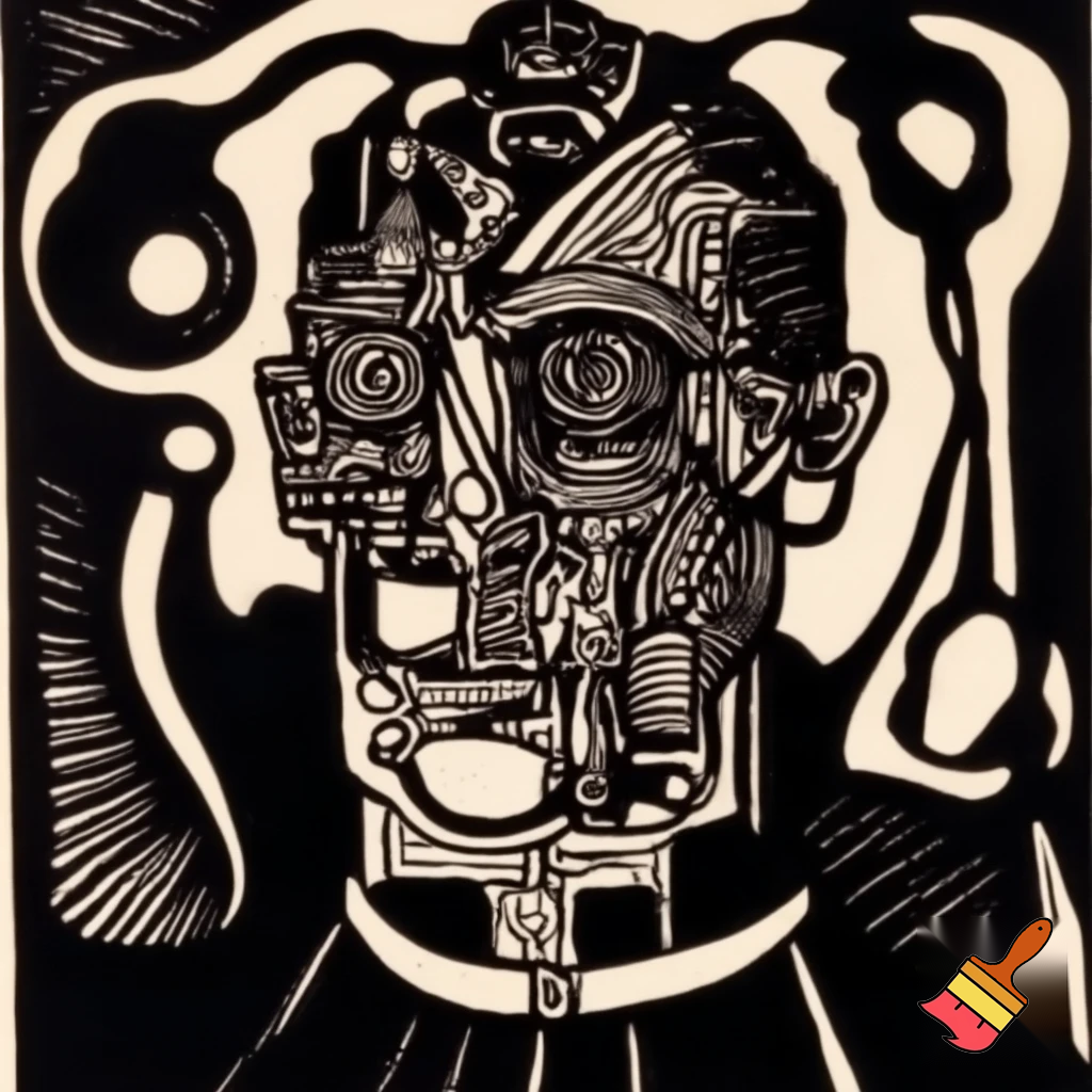 Bio-mechanical portrait, noise art. In the style of a 1920's German Expressionist woodcut print. Black & white.