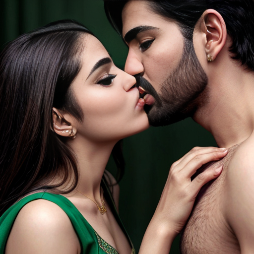 A adult girl wear green shalwar kamiz with adult boy in without  shirt kissing  