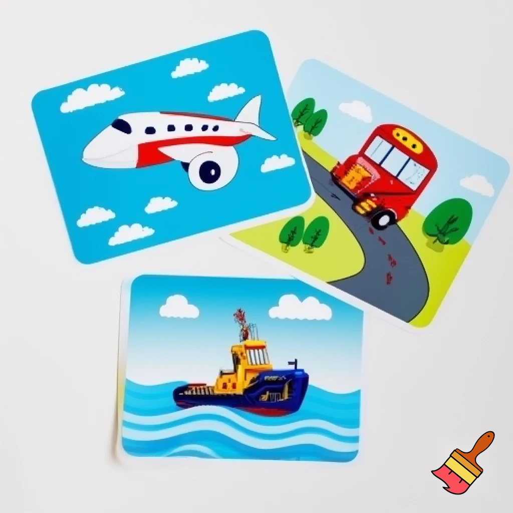 Create 3 different flashcards for senior kindergarten children on the following topics
1 air transport
1 land transport
1 water transport 
