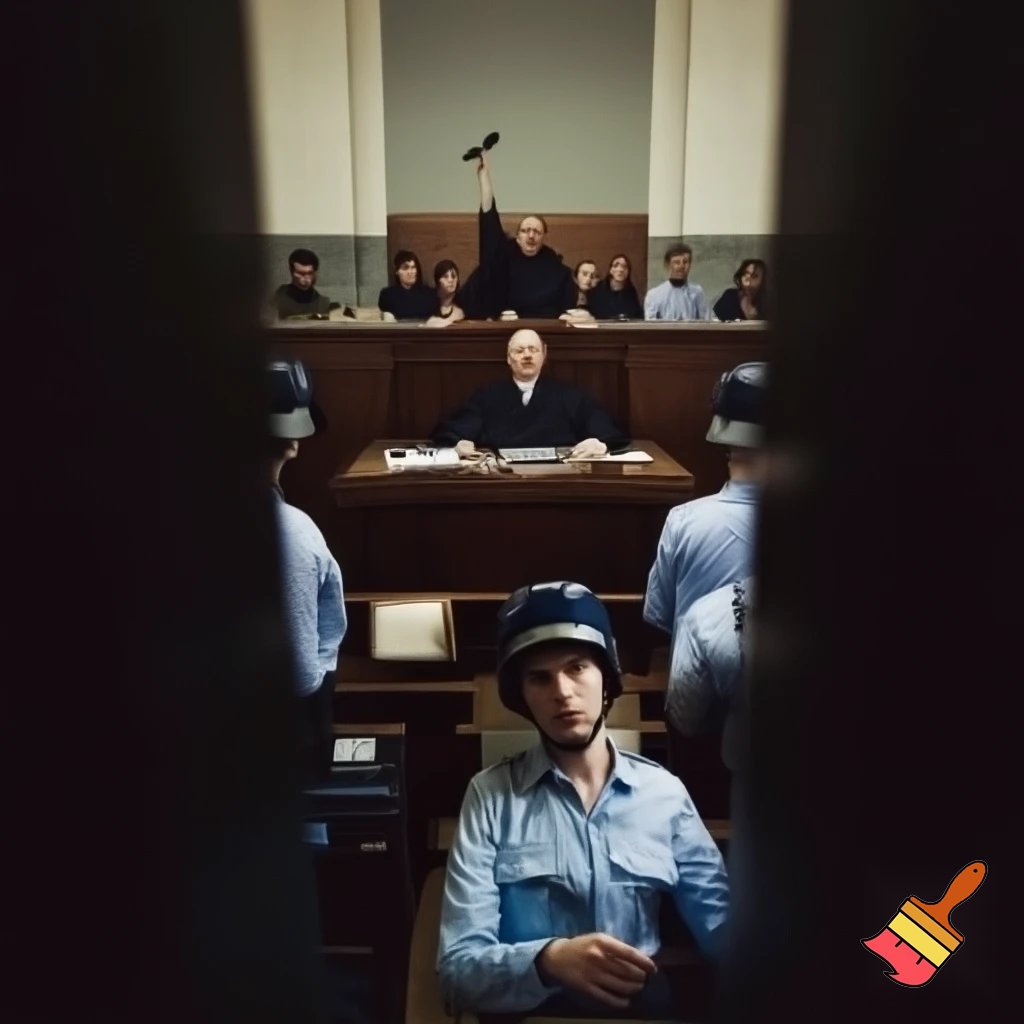 Un tribunal, un judecător, ciocanul, jandarmi, public, martori, inculpatul în boxa acuzaților.