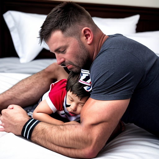 A photo of a European father with a muscular build. He is lying on a bed wearing socks and a shirt. His son is lying between his legs and is kissing his father's sport 🩲. The father is asleep.