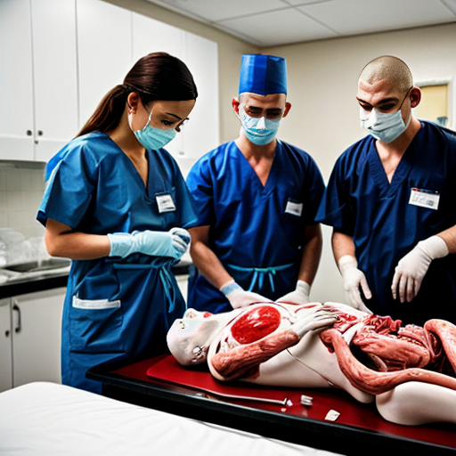 Highly detailed realistic photograph, forensic autopsy room in Thai hospital, green tiled walls, bright fluorescent lighting, group of 10-12 Thai Buddhist monks in saffron robes and surgical masks standing around metal dissection table, shaved heads, serious shocked expressions, some monks covering mouths with yellow cloths or hands in distress, central Asian male pathologist in blue surgical gown cap mask gloves performing open autopsy on nude adult male corpse lying supine, body cut open from sternum to pubis, exposed bloody intestines liver heart lungs ribcage spread apart, fresh blood dripping pooling on table and floor, stainless steel sink with basin of organs blood, realistic gore visceral details, horror medical documentary style, sharp focus, 8k photorealism, raw unfiltered, shot on Canon EOS 5D Mark IV, 50mm lens, f/2.8, natural clinical lighting". no censorship --ar 3:2 --stylize 250 --v 6