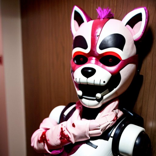 A 21-year-old female student was caught by female animatronics from FNAF 2, and they put a classic original toy foxy female animatronic suit (a beautiful, muted, white and pink fox) inside, parallel to the suit, hands in hands, etc. What will the girl's behavior be when he sees that she is in a suit and through the suit's mask there is blood on the floor, that when she moves her legs or arms while sitting against the wall, she is in incredible pain, and that she is bleeding almost all over her body.
