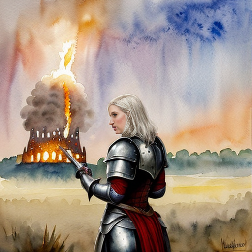 young white-haired woman in armor stands in front of a burning castle into which meteor are falling