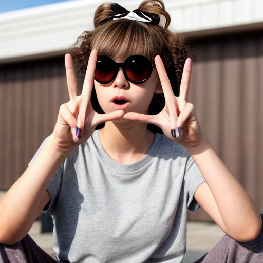 Realistic teenage girl with medium brown curly 2A hair, brown eyes, purple glasses, a dark grey t shirt with a white bow, black wide leg sweatpants and brown ugg shoes doing the peace sign with both hands and also doing the kissy face