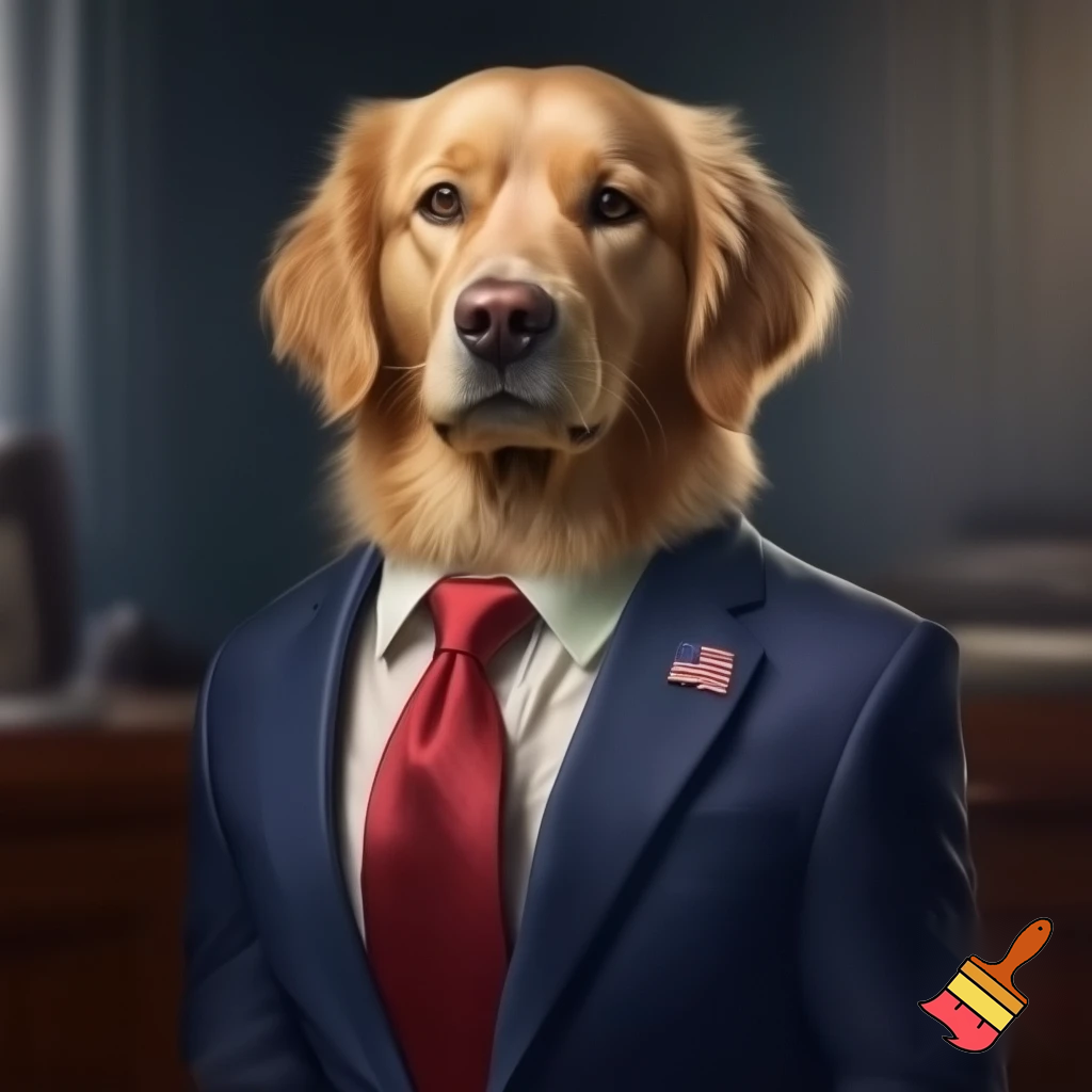 make me a golden retriever in a suit with a red tie tucked in with the American flag pin Donald Trump has