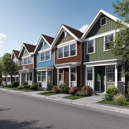 Generate an suburban neighborhood with one main rectilinear street and smaller, local streets separating off of it in a curved, varied manner. The urban space should have small street blocks with 5 or 6 uniform rectangular parcels and an interstate highway running along the edge of the neighborhood. Parcels should contain small square buildings and green garden areas behind them. Buildings should be mainly vernacular residential buildings (small homes) of about 2-3 floors with 2 or three small-scale commercial businesses on every other corner along the main street. Show entire neighborhood