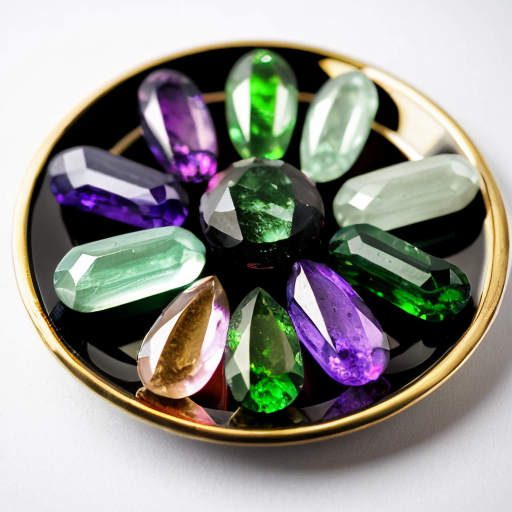 Placed on a gold square plate. First row gemstones Sardius, Peridot, Polished Emerald. Second row gemstones Anthrax ruby, Sapphire, Flint glass. Third row gemstones Precious opal, Polished agate, Amethyst. Fourth row gemstones Olivine, White onyx, Jacinth
