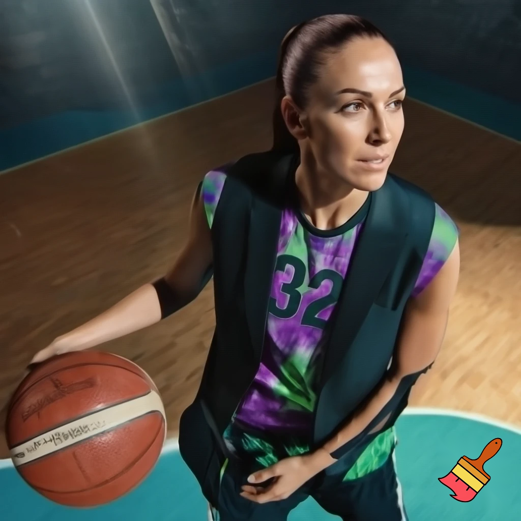 Una mujer de treinta años rubia con una coleta. Con una camiseta del Unicaja de tirantes con el número 32 que sea morada y verde puntos es una jugadora de baloncesto profesional así que tiene que salir con una cancha de baloncesto o con una pelota cogida en las manos